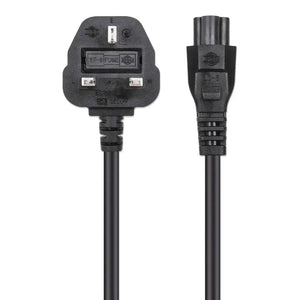 Black UK mains power cable with 3-pin rectangular plug and C5 cloverleaf connector, 1.8 metre length, shown against white background with detailed view of both ends