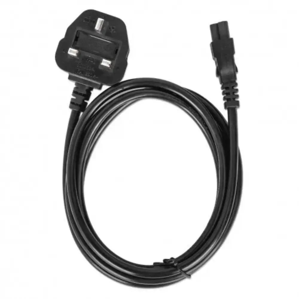 Black Manhattan UK mains power cable with British 3-pin plug and C5 cloverleaf connector, 1.8 metre length coiled display against white background