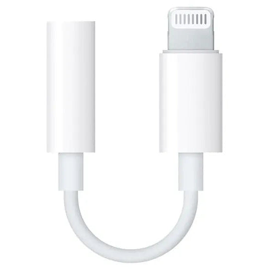 White Lightning to 3.5mm audio jack adapter cable with connectors on both ends, displaying the characteristic curved design of Apple's official audio adapter for iPhone and iPad compatibility