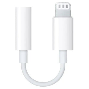 White Lightning to 3.5mm audio jack adapter cable with connectors on both ends, displaying the characteristic curved design of Apple's official audio adapter for iPhone and iPad compatibility