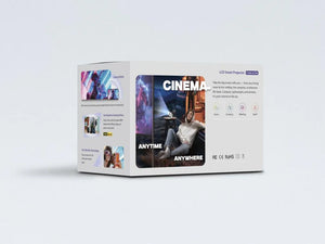 LCD Smart Projector 2000 ANSI white portable mini projector packaging displayed in three-panel view showing product features, cinema anytime anywhere messaging, and specifications including FCC CE RoHS certifications with icons for home camping meeting and sport use cases