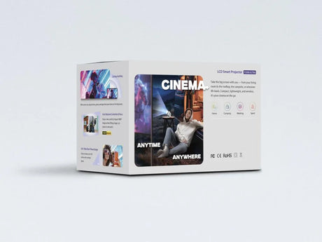 LCD Smart Projector 2000 ANSI white portable mini projector packaging displayed in three-panel view showing product features, cinema anytime anywhere messaging, and specifications including FCC CE RoHS certifications with icons for home camping meeting and sport use cases