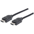 Two black HDMI cables with gold-plated connectors and attached ferrite cores, each approximately 2 metres in length, displayed against a white background