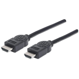 Two black HDMI cables with gold-plated connectors and attached ferrite cores, each approximately 2 metres in length, displayed against a white background