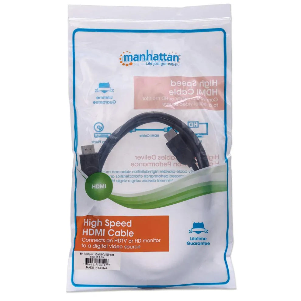 Manhattan High Speed HDMI Cable 2 metre in retail packaging showing black cable with connectors, blue and green branding on clear plastic bag with product details and lifetime guarantee badge