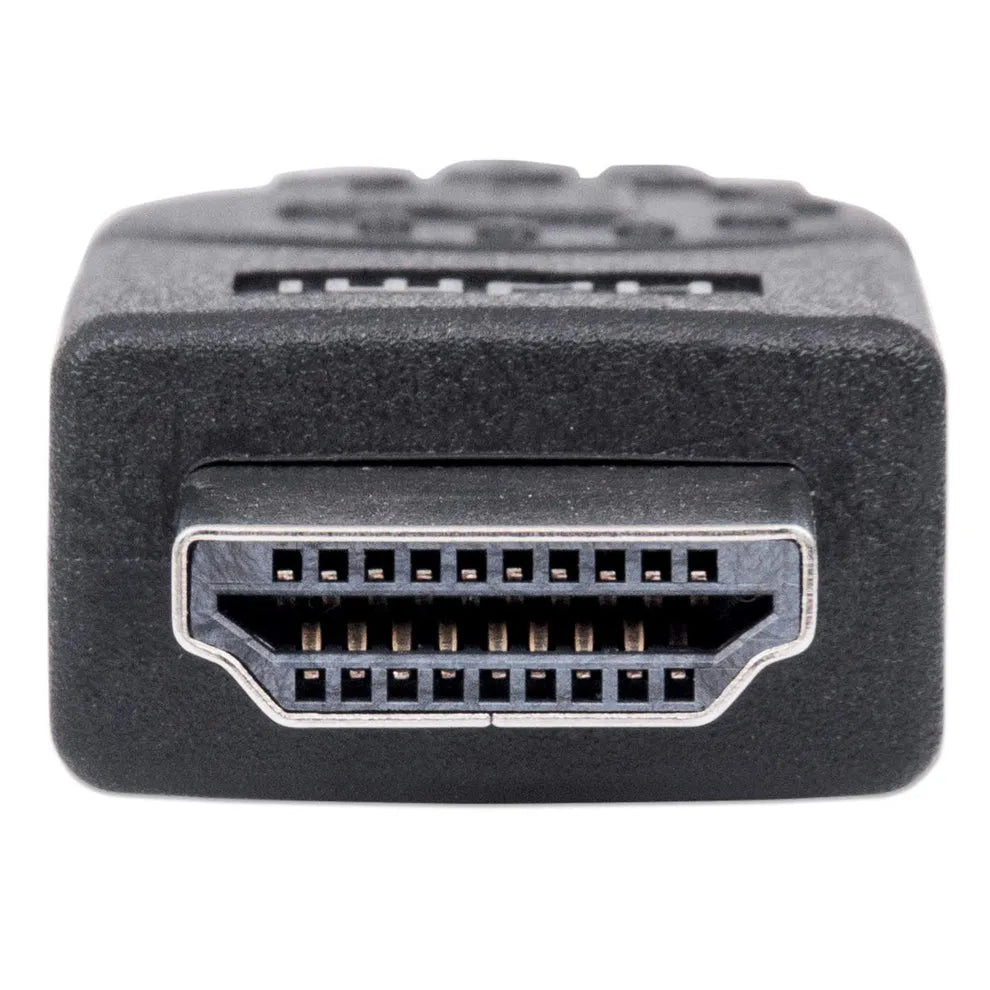 HDMI connector showing gold-plated pins and black plastic housing with white trim detail on textured gray background