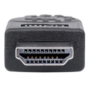 HDMI connector showing gold-plated pins and black plastic housing with white trim detail on textured gray background