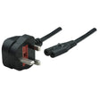 Black UK mains power cord with rectangular plug and figure 8 connector, 1.8 metre length, shown with both ends visible against white background