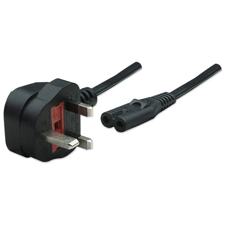 Black UK mains power cord with rectangular plug and figure 8 connector, 1.8 metre length, shown with both ends visible against white background