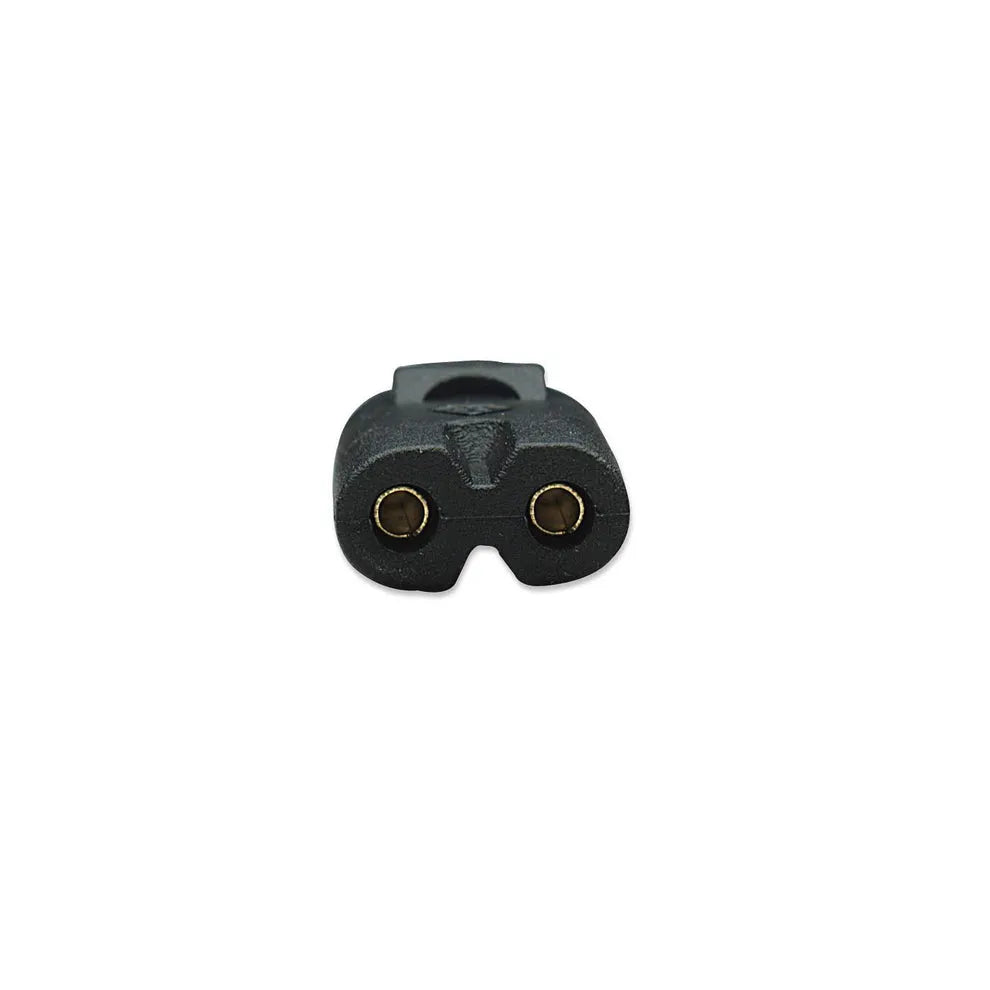 Black UK mains power plug connector with two brass contact holes front view isolated on white background