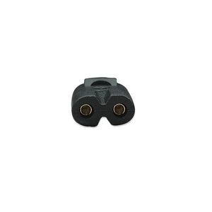 Black UK mains power plug connector with two brass contact holes front view isolated on white background