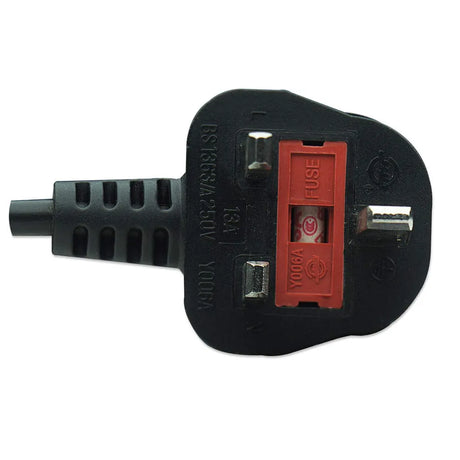 Black UK mains power plug with red fuse holder and switch, ribbed cable grip, Figure 8 connector, 1.8 metre cord
