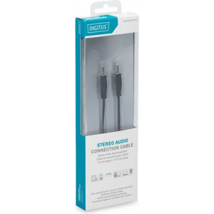 Digitus stereo audio connection cable 3.5mm jack to 3.5mm jack 1.5 metre in black with turquoise and white retail packaging displayed against white background