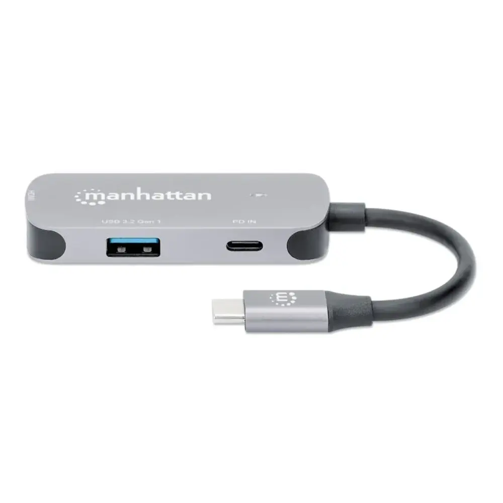 Manhattan USB-C docking converter hub in gray and black with USB 3.2 Gen 1 port, USB-C port and HDMI output, featuring attached USB-C cable