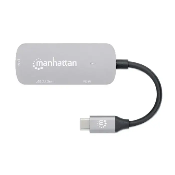 Manhattan USB-C to HDMI 3-in-1 docking converter with gray body, black cable and connector, USB 3.2 Gen 1 port, featuring power delivery functionality