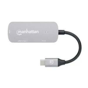 Manhattan USB-C to HDMI 3-in-1 docking converter with gray body, black cable and connector, USB 3.2 Gen 1 port, featuring power delivery functionality