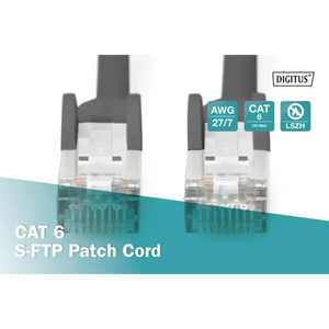 Digitus CAT 6 S-FTP patch cord cable with two RJ45 connectors showing AWG 27/7 gauge, CAT 6 250 MHz rating and LSZH certification badges on teal and white packaging background
