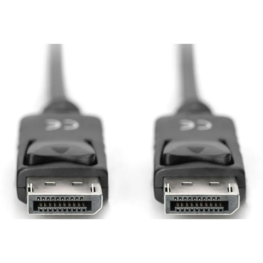 Two black DisplayPort cables with metallic connectors featuring 20-pin configuration, each approximately 2 metres in length, shown side by side against a white background