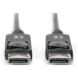 Two black DisplayPort cables with metallic connectors featuring 20-pin configuration, each approximately 2 metres in length, shown side by side against a white background