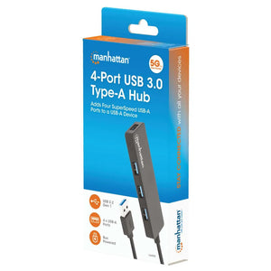 Manhattan 4-Port USB 3.0 Type-A Hub in black with blue and orange retail packaging showing product features and USB cable connection