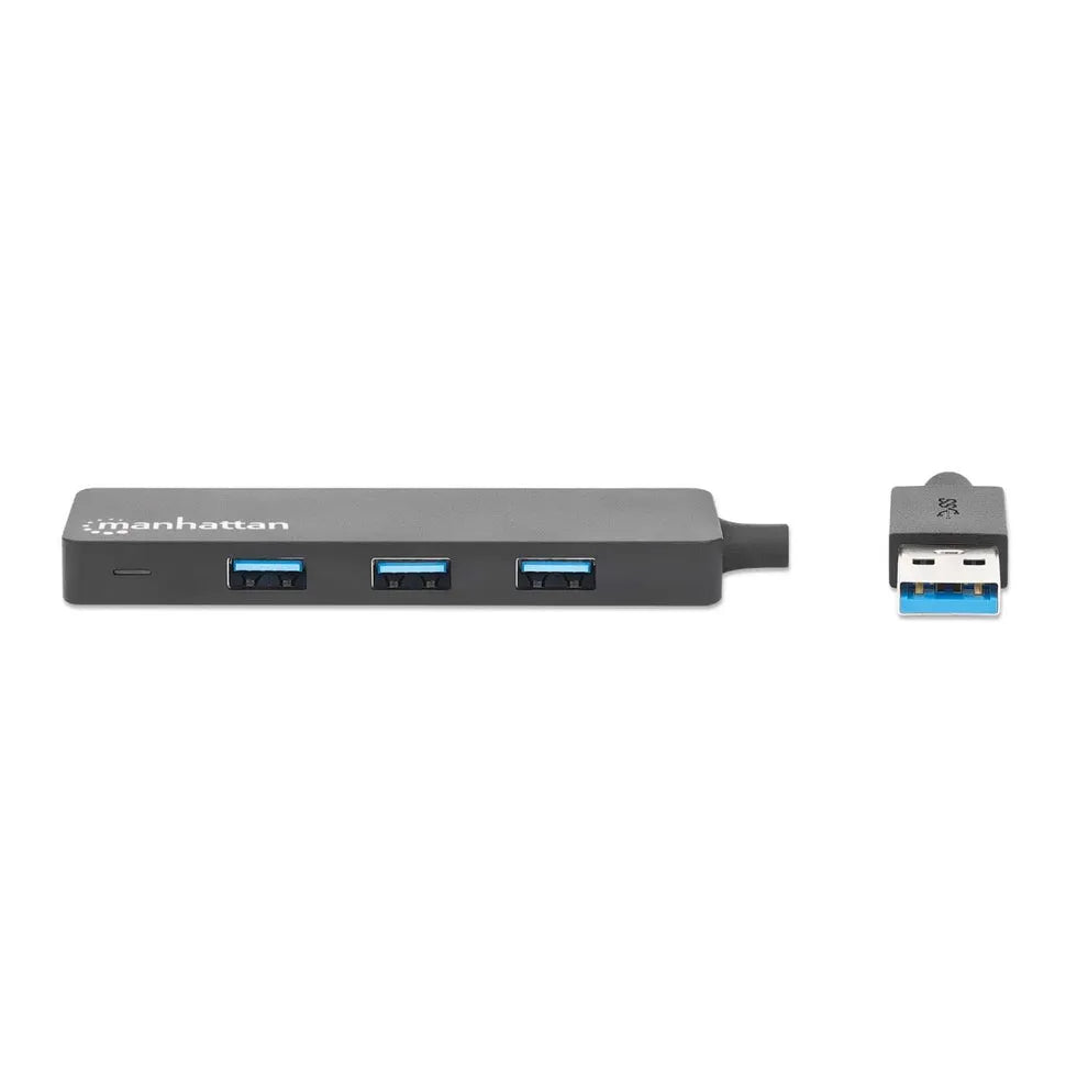 Manhattan 4 Port USB 3.0 powered hub in dark gray with three blue-accented USB ports shown alongside a USB connector cable against white background