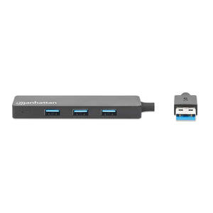 Manhattan 4 Port USB 3.0 powered hub in dark gray with three blue-accented USB ports shown alongside a USB connector cable against white background