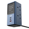 LDNIO 45W desktop power tower with LED display screen showing 2500W, 0.00 kWh and 228V, featuring blue and dark grey casing with multiple AC outlets and USB charging ports
