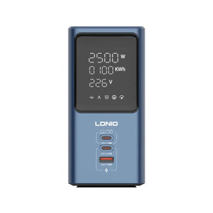 LDNIO 45W blue desktop power tower with LED display screen showing 2500W power, 0.00 kWh energy usage and 226V voltage, featuring three USB charging ports including USB-C and USB-A connectors