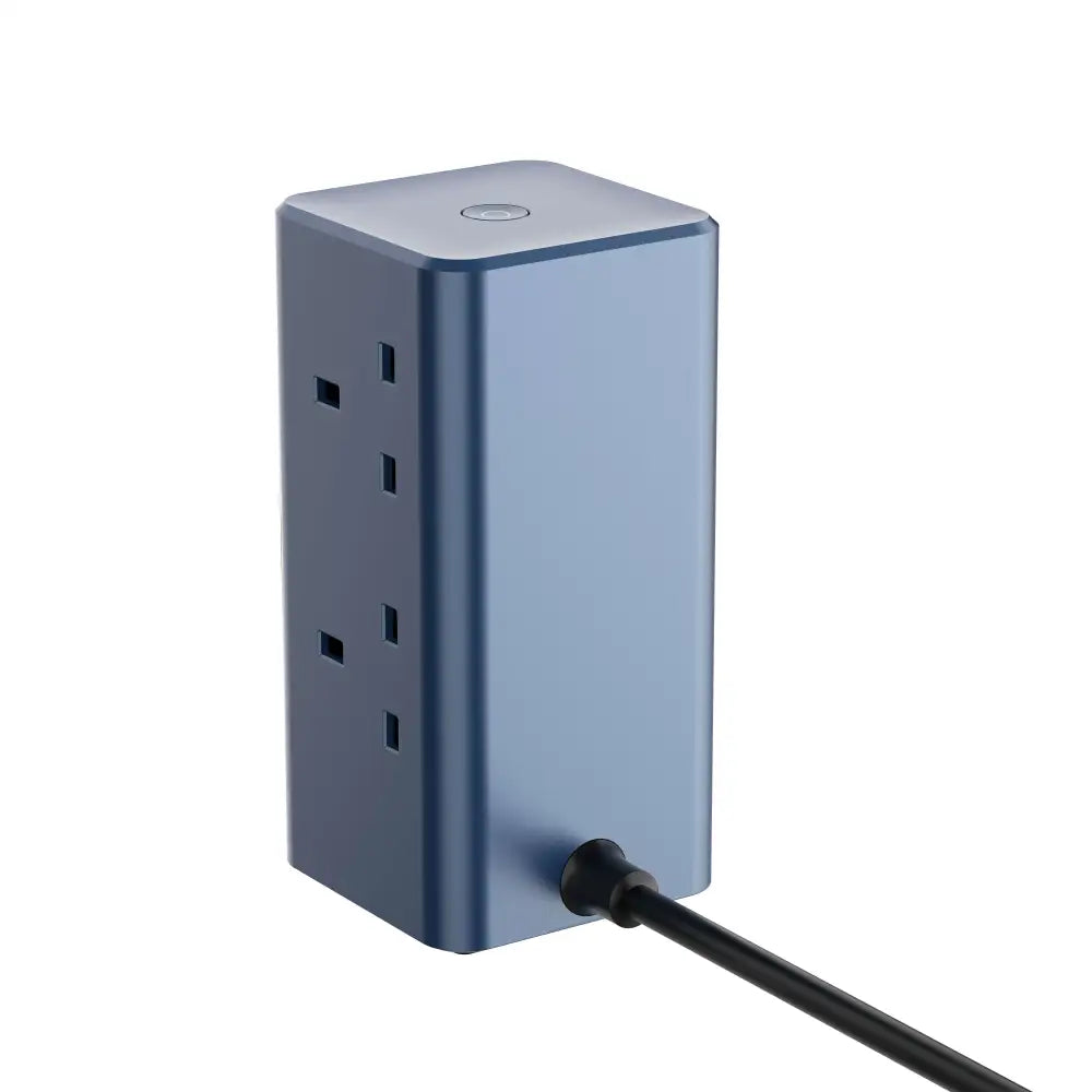 Blue desktop power tower with multiple electrical outlets and LED display screen, featuring black power cord