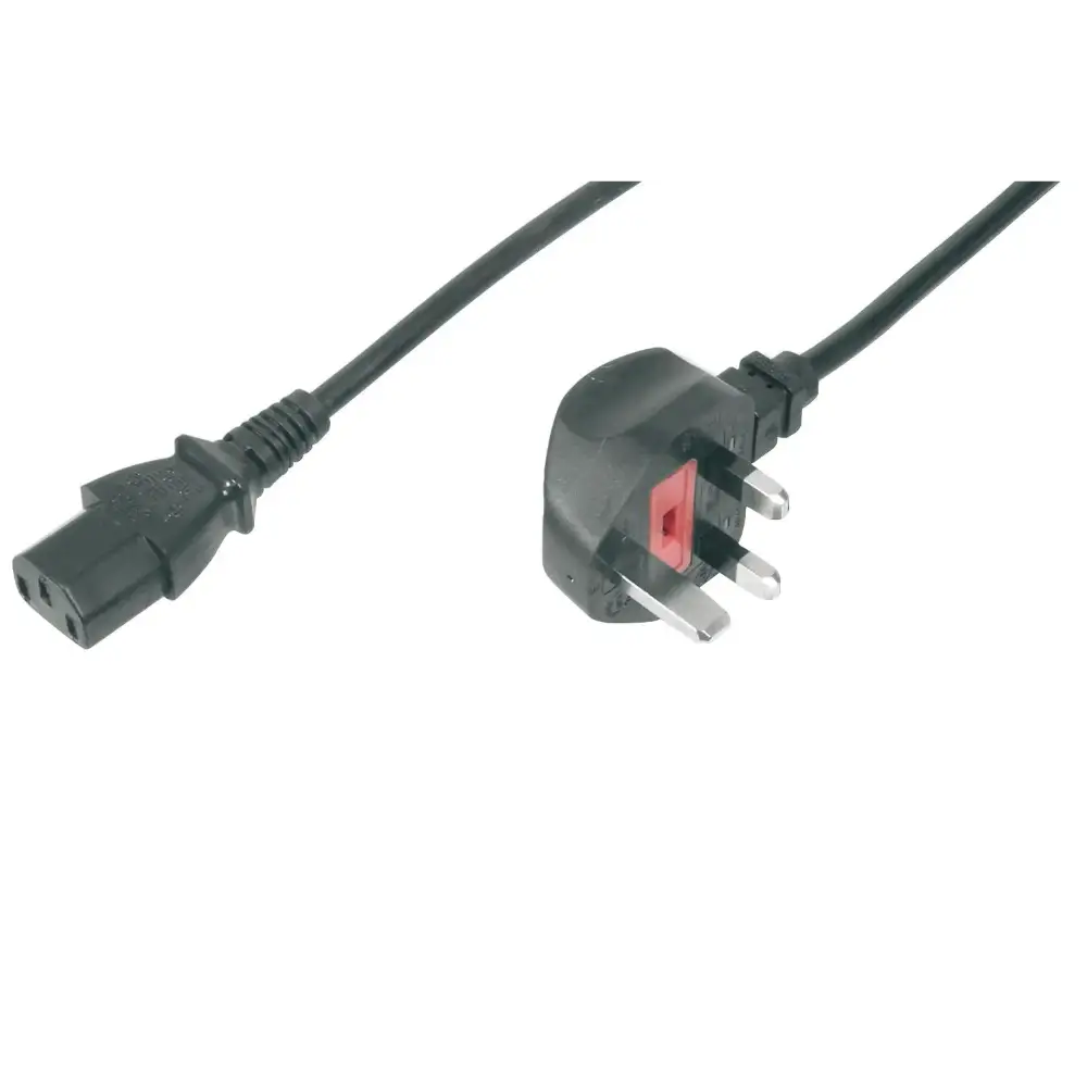 Black UK kettle power cord cable with C13 connector and red switch detail, 1.8 metre length shown on white background
