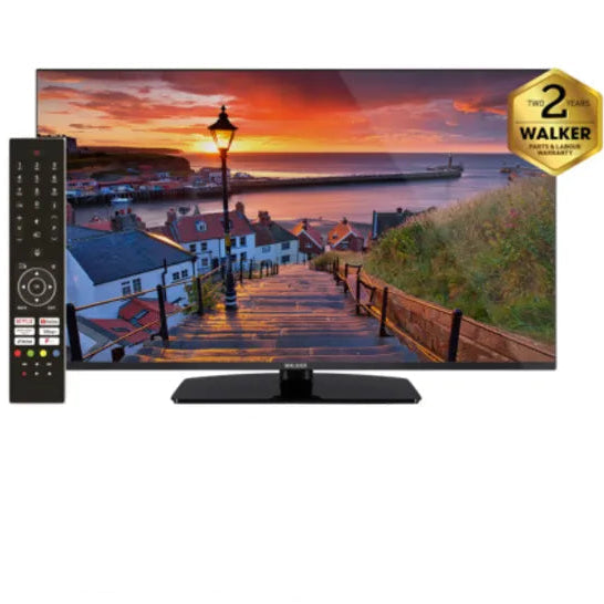 Walker 55 inch 4K Ultra HD Smart TV displaying a sunset coastal scene with wooden pier and cottages, includes black remote control, standing on black base with 2 year Walker warranty badge in top right corner