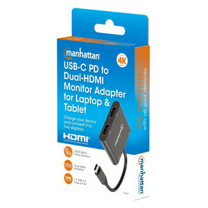 Manhattan USB-C PD to Dual HDMI Monitor Adapter with 100W power delivery in black, shown in blue and orange retail packaging with product specifications and cable displayed