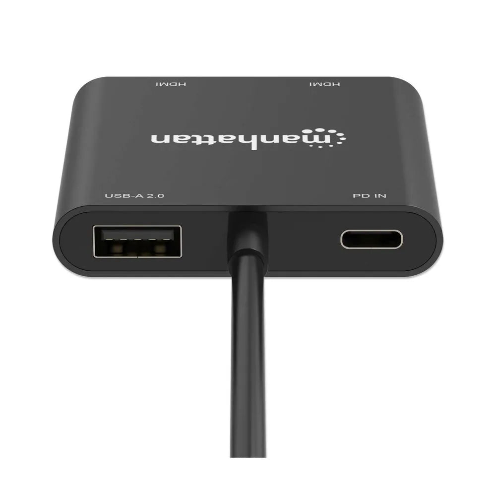 Black Manhattan USB-C multiport adapter with dual HDMI ports, USB-A 2.0 port and PD IN port, featuring attached black cable against white background