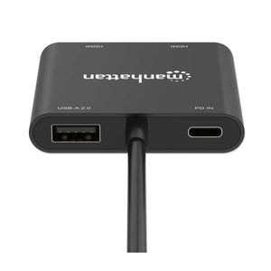 Black Manhattan USB-C multiport adapter with dual HDMI ports, USB-A 2.0 port and PD IN port, featuring attached black cable against white background