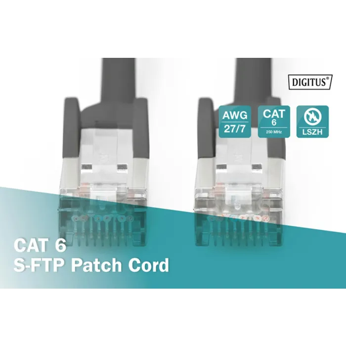Digitus CAT 6 S-FTP patch cord showing two RJ45 connectors with black strain relief boots, featuring AWG 27/7 copper wire, CAT 6 250 MHz specification and LSZH jacket, displayed against teal background with product specifications