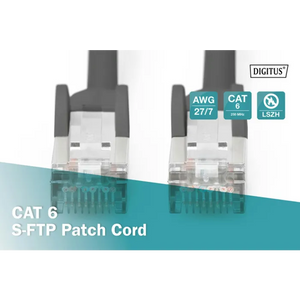 Digitus CAT 6 S-FTP patch cord showing two RJ45 connectors with black strain relief boots, featuring AWG 27/7 copper wire, CAT 6 250 MHz specification and LSZH jacket, displayed against teal background with product specifications