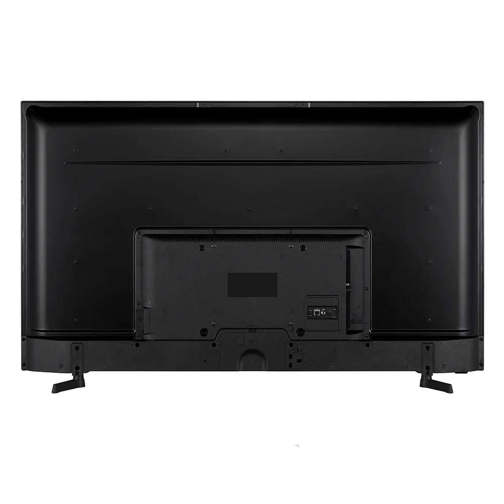 Back view of Walker 65 inch 4K Ultra HD Smart TV with TiVo showing black plastic bezel, central control panel with connectivity ports, and black stand feet on white background