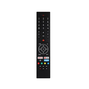Black remote control for Walker 4K Smart TV featuring numbered keypad, Netflix YouTube and Prime Video buttons, directional navigation pad with OK center button, colored action buttons, and media playback controls