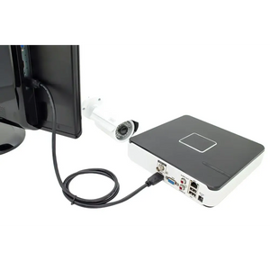 Digitus HDMI to HDMI Ethernet Cable 3 metre connecting a white and black compact NVR DVR system with multiple ports to a monitor, featuring a white outdoor IP camera with infrared LEDs