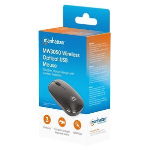 Manhattan MW3050 wireless optical USB mouse in black with 3 buttons displayed in blue and orange retail packaging showing product features and specifications