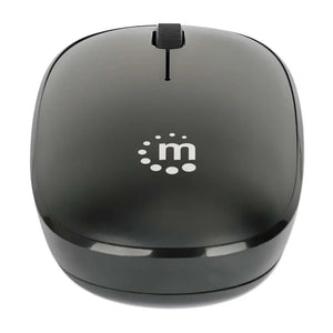 Top-down view of a black Manhattan wireless optical USB mouse with three buttons and scroll wheel, featuring white dot logo and black retractable cable attachment on top