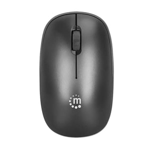Black wireless optical USB mouse with three buttons and scroll wheel, featuring Manhattan brand logo and rounded ergonomic design