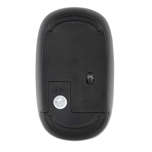 Bottom view of Manhattan Wireless Optical USB Mouse 3 Button with Scroll Wheel MW3050 in black, showing battery compartment and certification label
