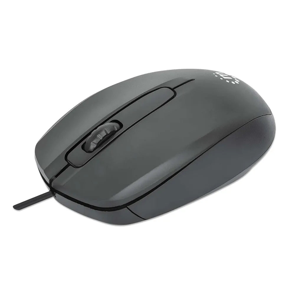 Manhattan Comfort wired USB optical mouse in black with ergonomic design and textured scroll wheel on white background