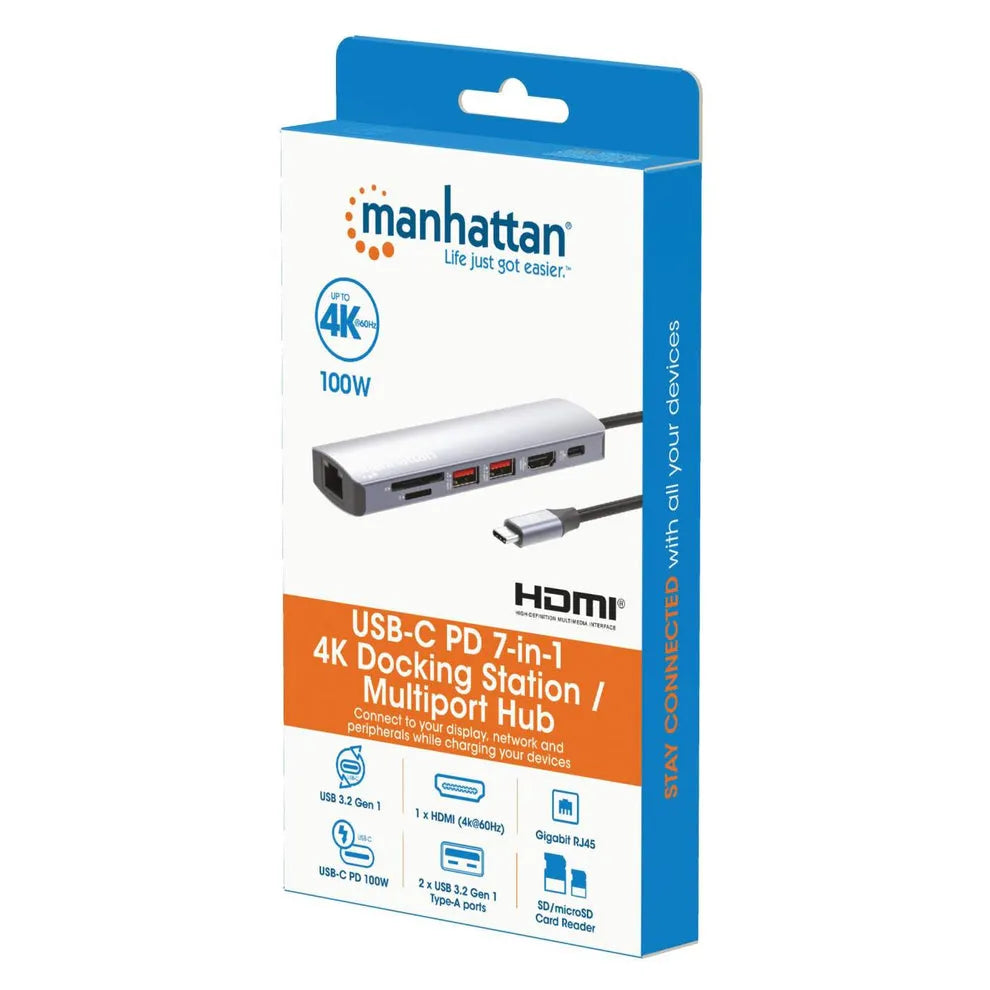 Manhattan USB-C PD 7-in-1 4K docking station multiport hub in silver and black with packaging showing product features including HDMI 4K, USB 3.2 ports, Gigabit RJ45, SD card reader and 100W power delivery