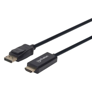 Black DisplayPort to HDMI cable with gold-plated connectors, 1.8 metre length, Manhattan branded adapter shown on white background