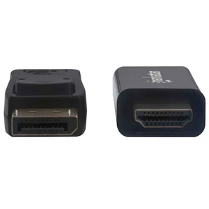 DisplayPort to HDMI adapter connectors shown side by side displaying male DisplayPort plug on left and female HDMI port on right in black plastic housing