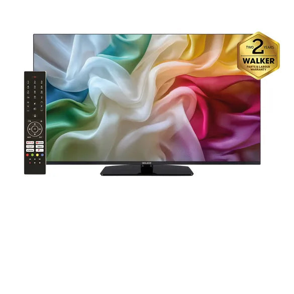 Walker 43 inch 4K Ultra HD Smart TV with Tivo remote control displaying colorful abstract fabric waves design on screen with two year walker protection warranty badge
