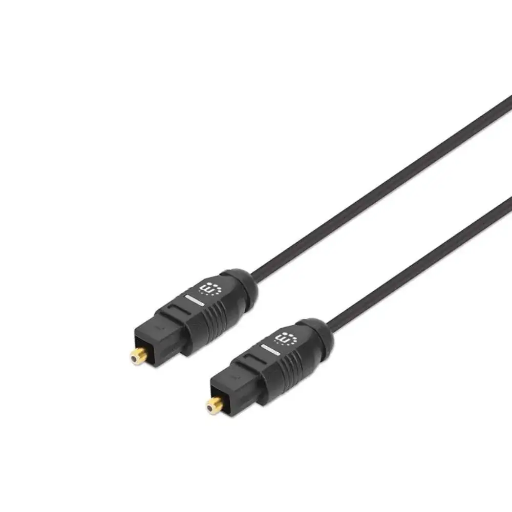 Black Manhattan Toslink digital optical audio cable with gold-plated connectors, 2 metre length, shown against white background