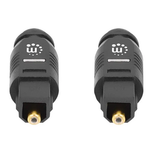 Two black Manhattan Toslink digital optical audio connectors with gold-plated tips displayed front-facing against a white background
